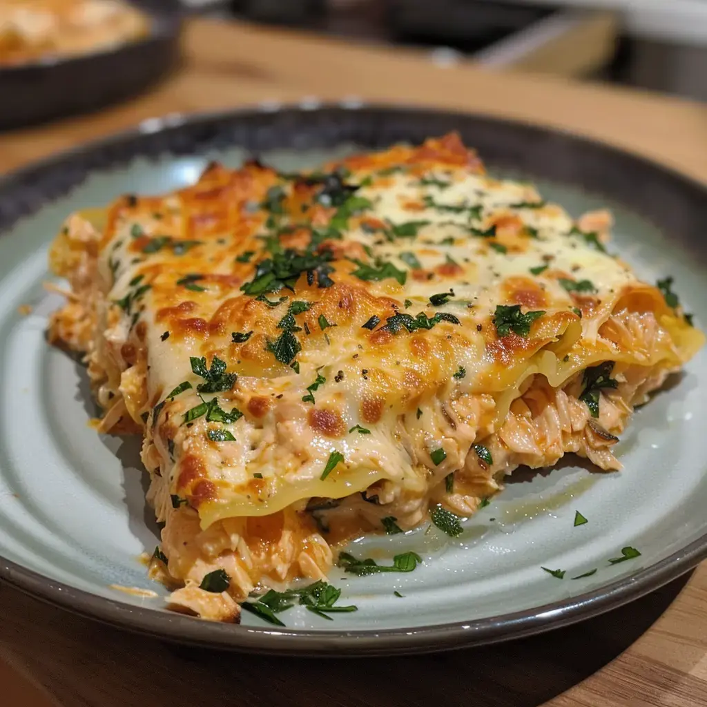 Une assiette de lasagnes bien dorées avec du fromage fondant et du persil sur le dessus.