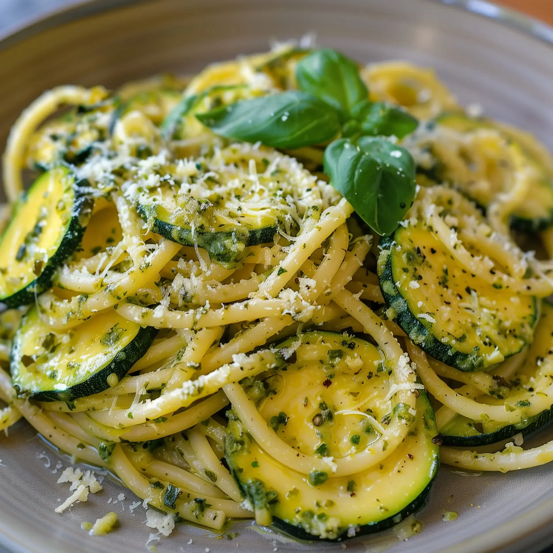 Assiette de pâtes aux courgettes avec un soupçon de fromage et quelques feuilles de basilic frais.