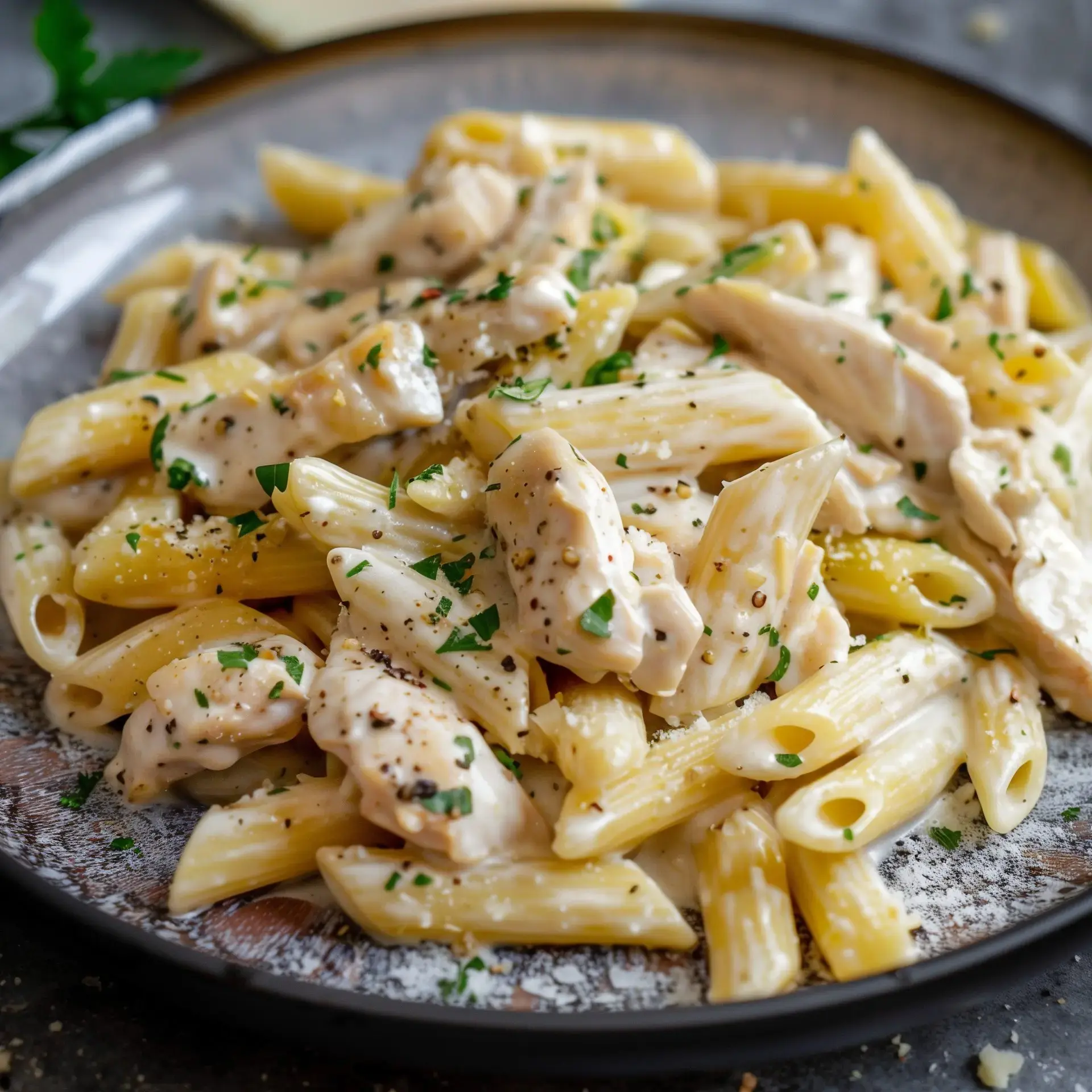 Un assiette de pâtes avec une sauce crémeuse, du poulet et du persil frais.