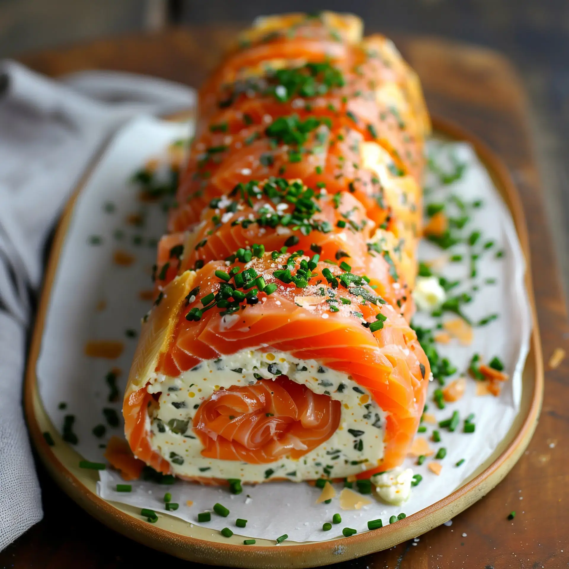 Un roulé de saumon farci d'un mélange de fromage frais crémeux agrémenté de ciboulette, présenté joliment sur un plat.