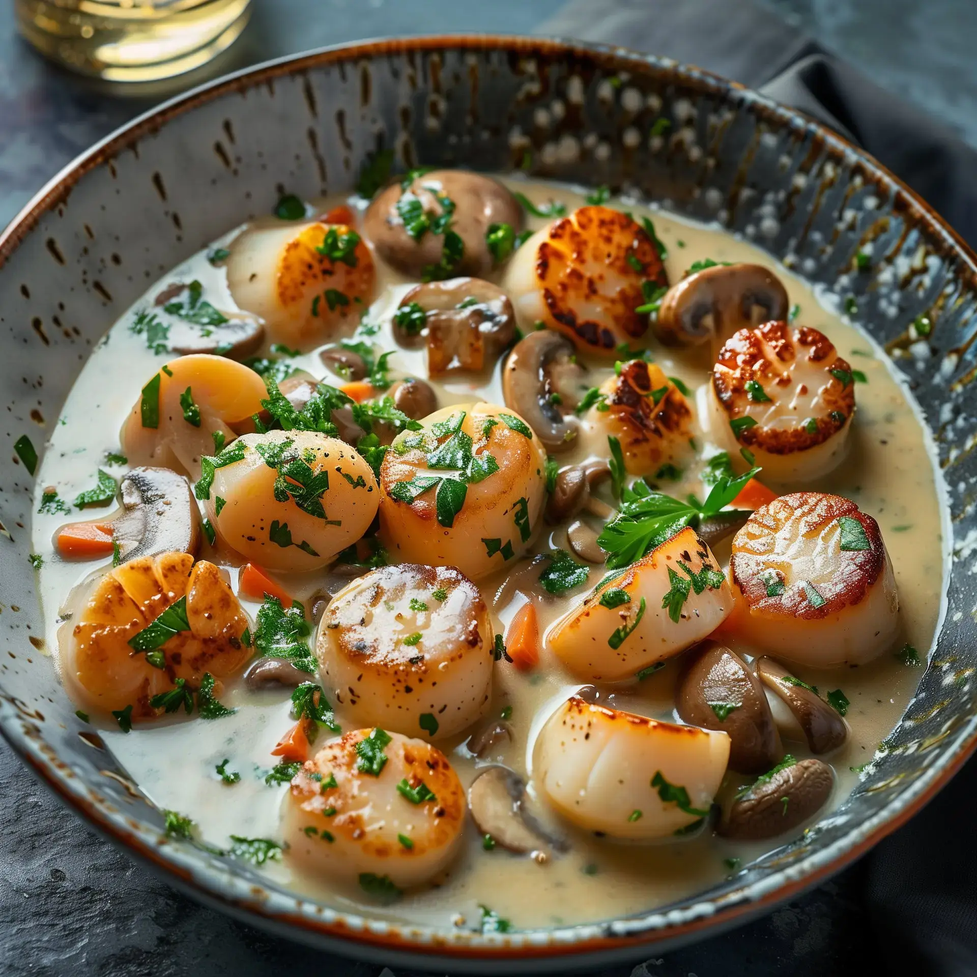 Une belle assiette présentant des noix de Saint-Jacques entourées de champignons et nappées d’une sauce crémeuse. Garniture de persil.