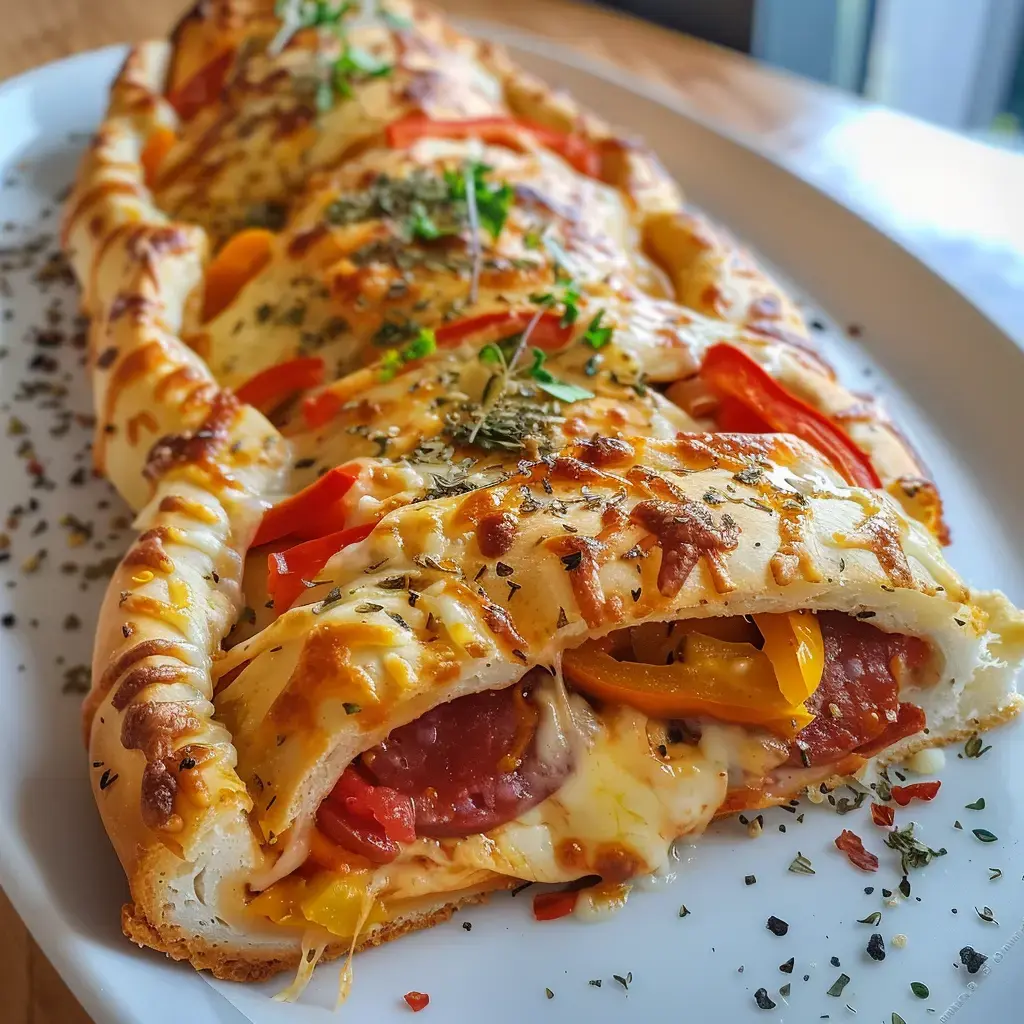 Une pizza tressée, généreusement garnie de fromage fondu, morceaux de chorizo épicé et poivrons colorés, accompagnée d'aromates parfumés.