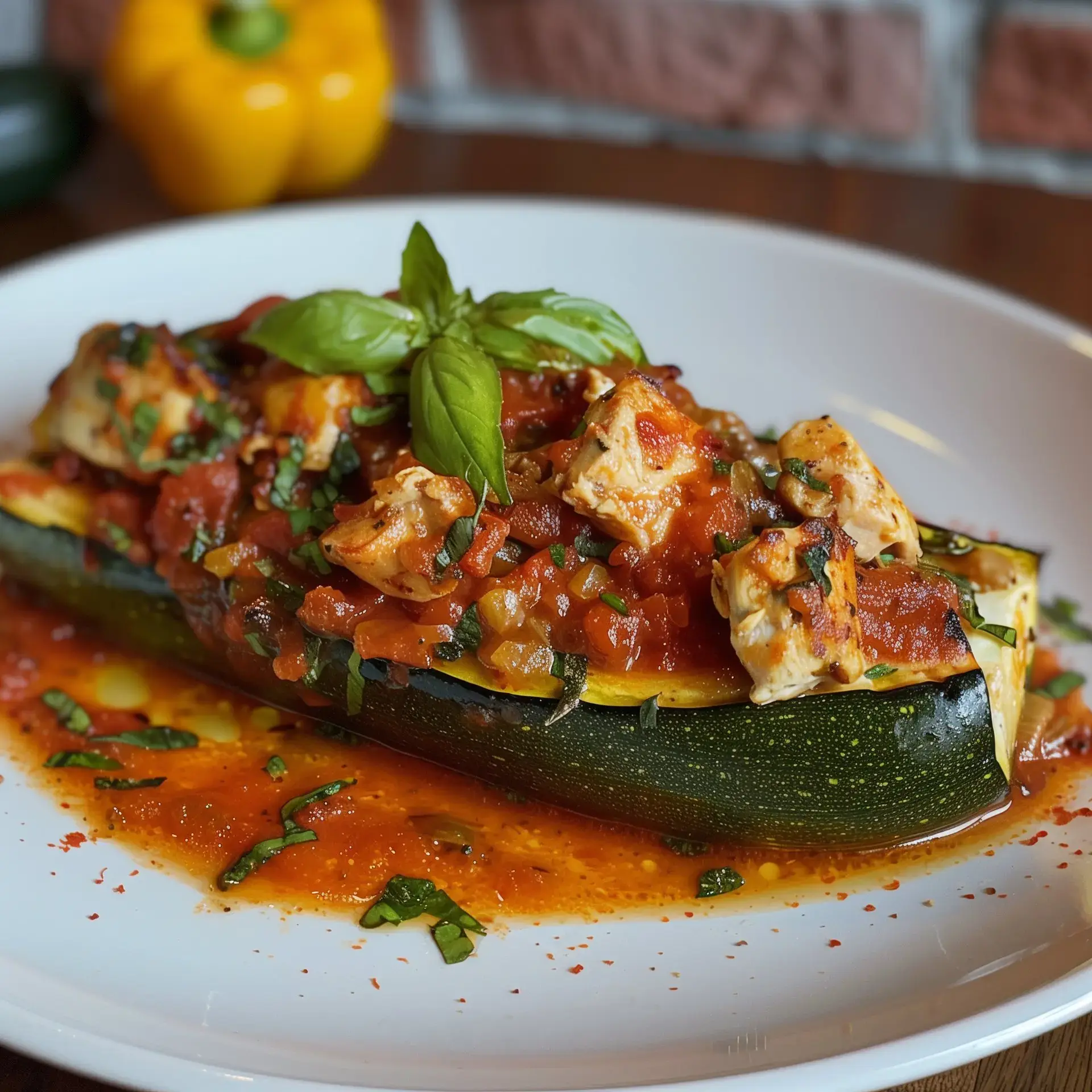 Courgettes garnies de poulet, nappées de sauce tomate et décorées de feuilles de basilic.