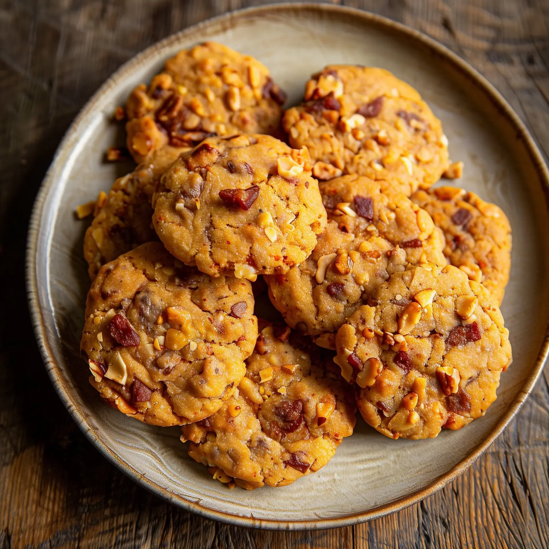 Une assiette remplie de biscuits dorés à base de parmesan, chorizo et noix. Une présentation qui donne envie !