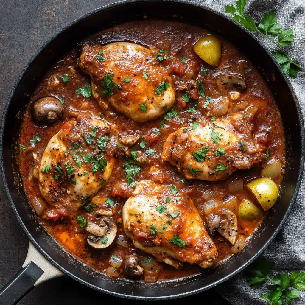 Poulet mijoté servi dans une poêle avec tomates, champignons et fines herbes.