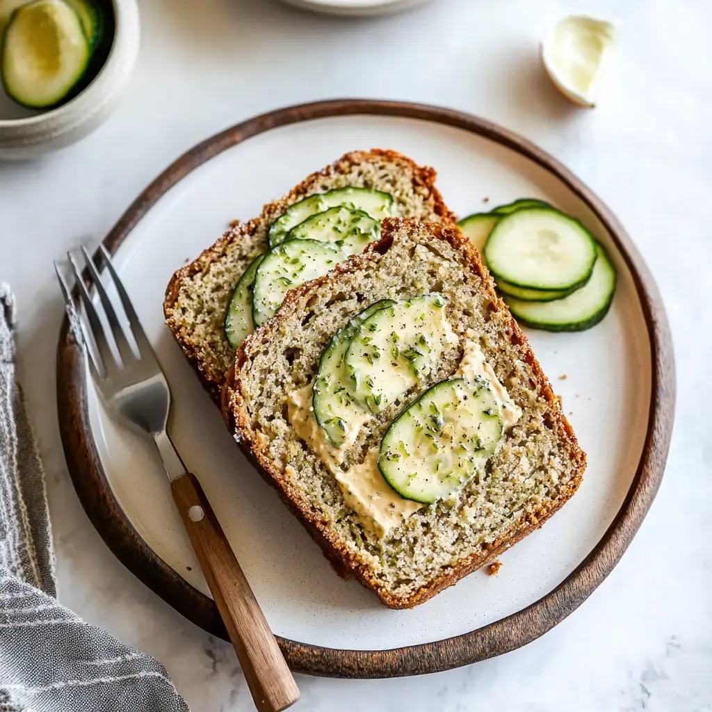 Une tranche de pain garnie de fromage à tartiner et de tranches de concombre sur une assiette, accompagnée d'une fourchette et de quelques rondelles de concombre.