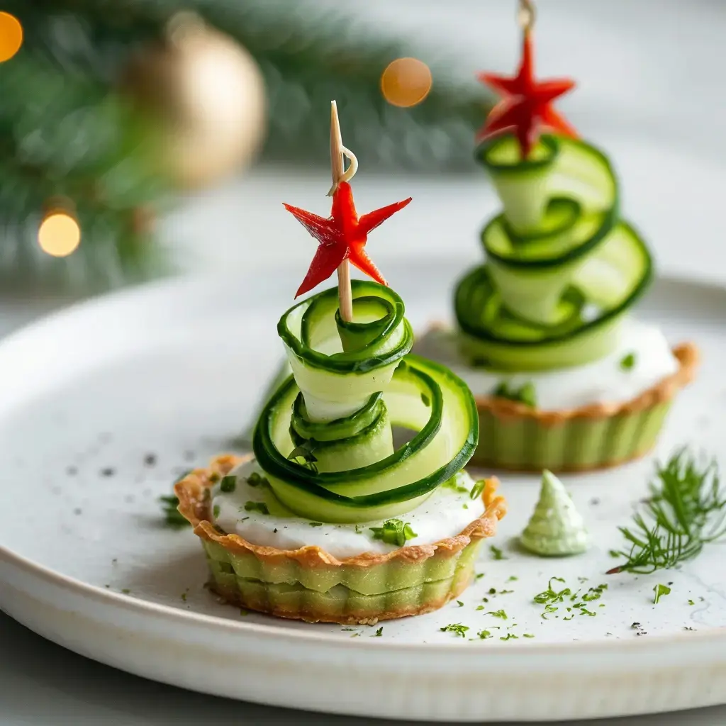 Deux bouchées apéritives joliment décorées en forme de sapins avec des bandes de concombre et une étoile en poivron rouge.