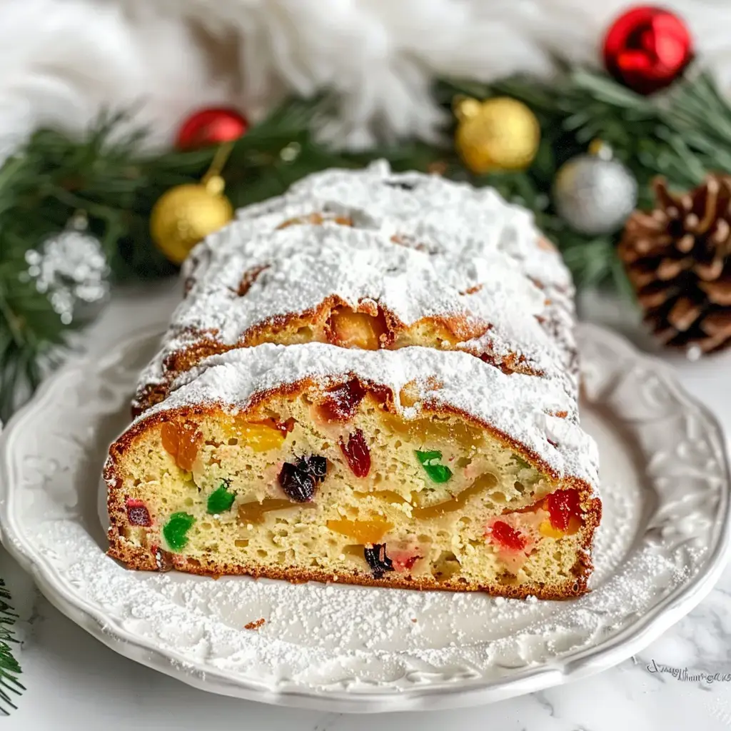 Un délicieux pain riche en fruits confits et nappé d'un voile de sucre glace, présenté joliment avec des décorations de Noël.