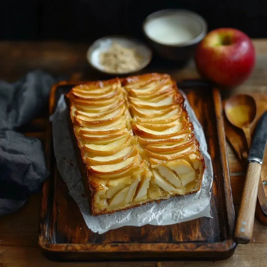 Un dessert aux pommes est servi, parfaitement doré, posé sur une planche en bois avec une pomme entière et deux coupelles contenant du sucre et de la crème.