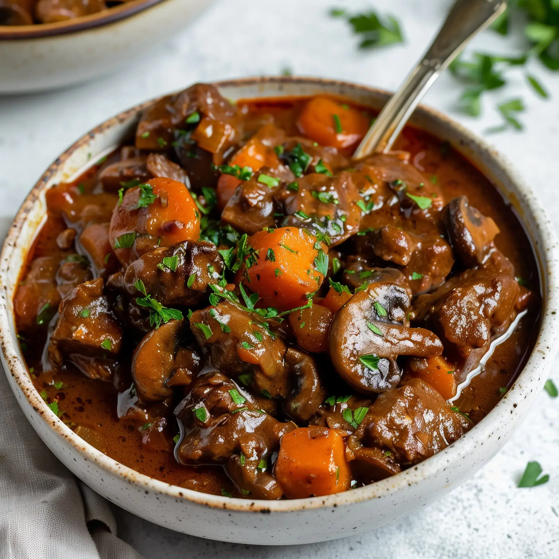 Un mijoté de bœuf avec des légumes colorés, des champignons et des morceaux de viande, le tout parsemé de persil frais.