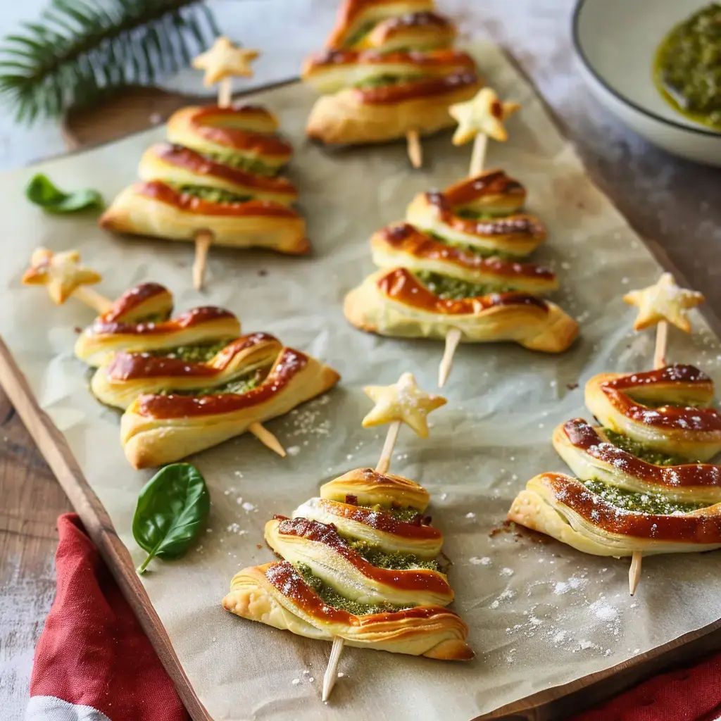 Petits sapins de Noël en pâte feuilletée garnis de pesto et surmontés d'une étoile, posés sur du papier cuisson.