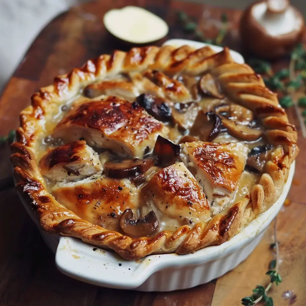 Une tourte dorée au poulet avec des morceaux de champignons, servie dans un plat rustique.