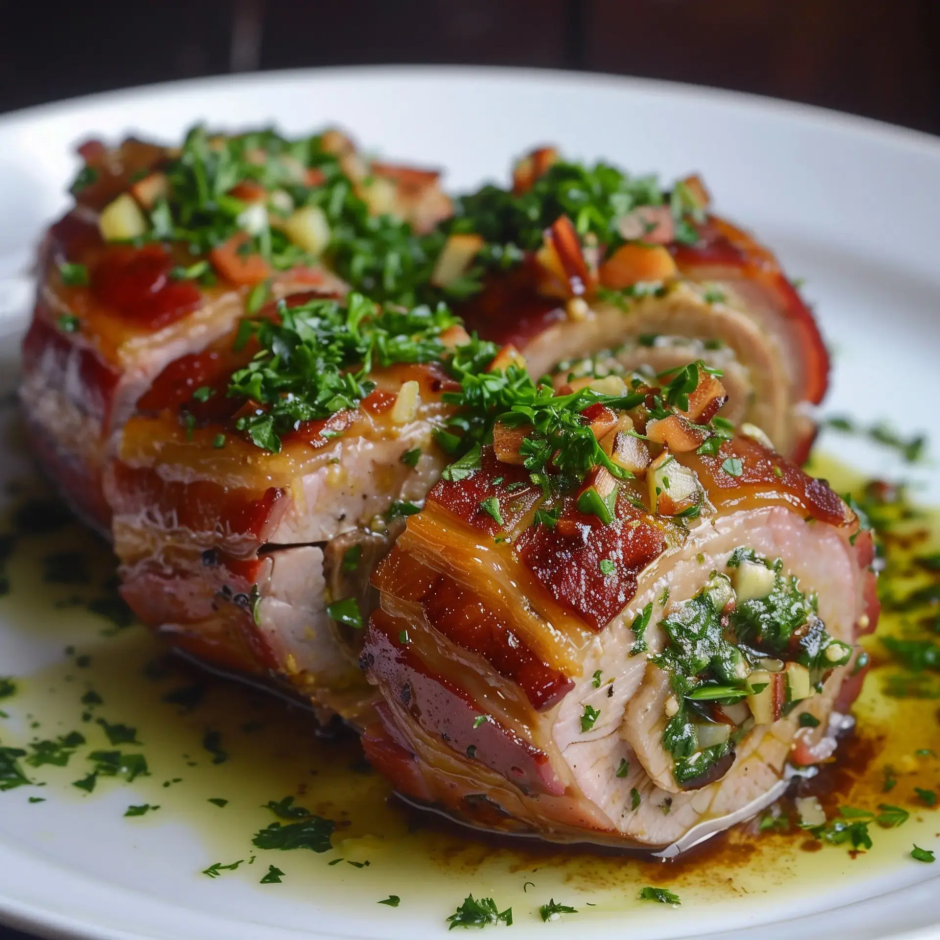 Une assiette de viande roulée avec une farce d'herbes, accompagnée de sauce et décorée de persil frais.