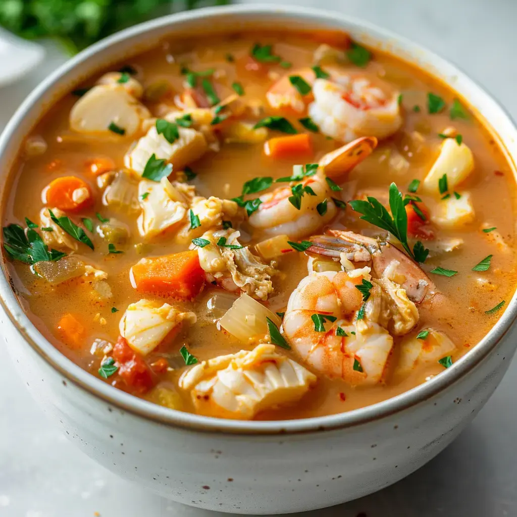 Un bol gourmand de soupe aux saveurs marines garni de légumes et de persil frais.