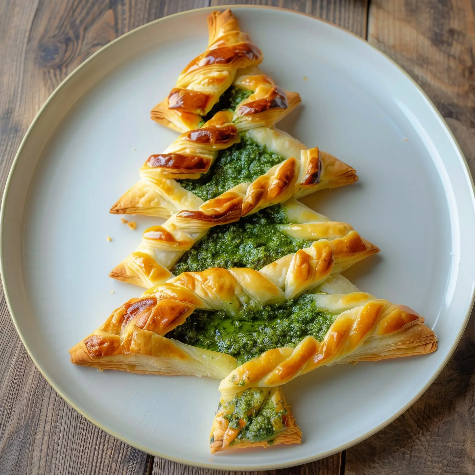 Un apéritif festif en forme de sapin avec une garniture au pesto, présenté élégamment.