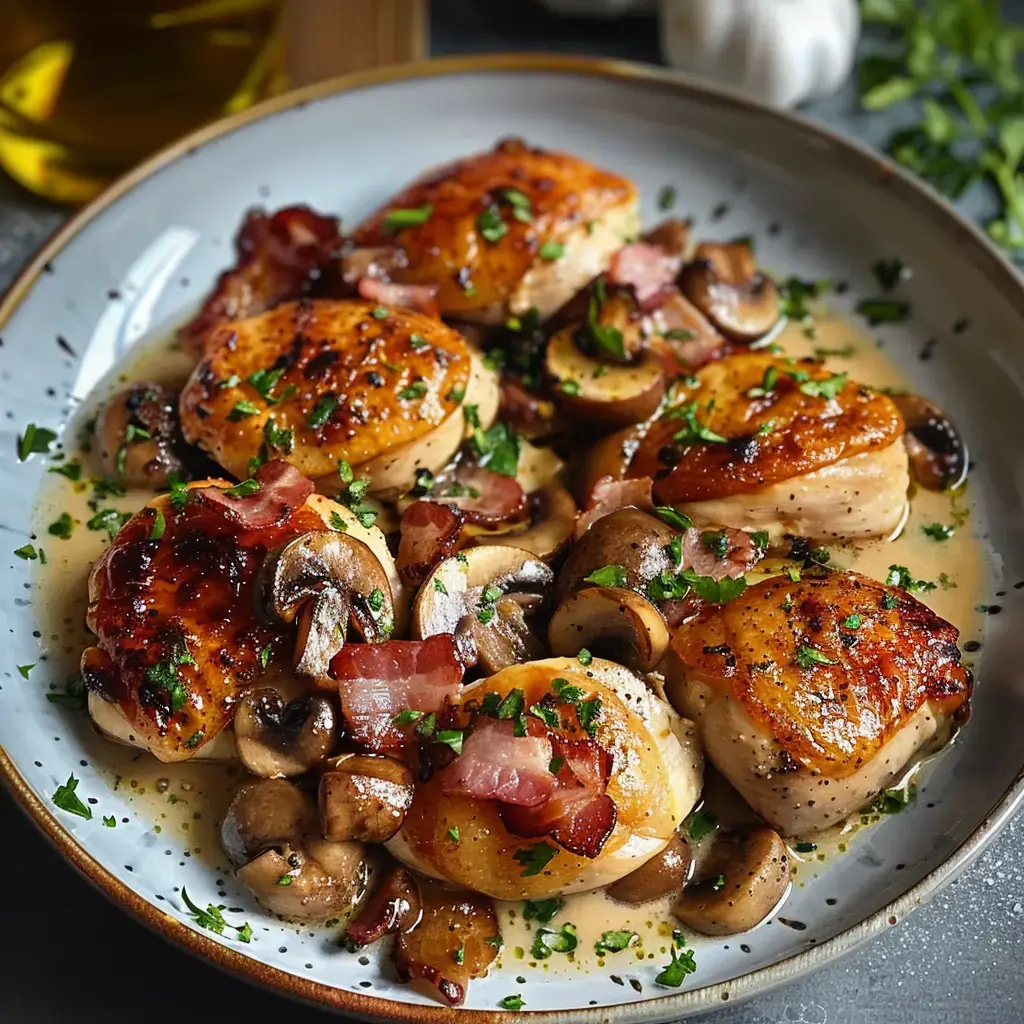 Une assiette de poulet nappé dans une crème, garnie de morceaux de lardons fumés, champignons savoureux et persil frais.