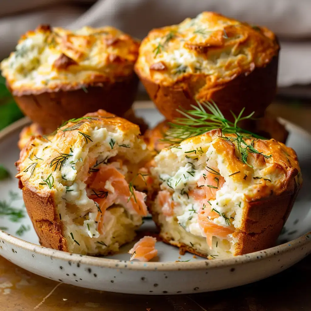 Des muffins au saumon avec de l'aneth, coupés pour révéler leur intérieur crémeux.