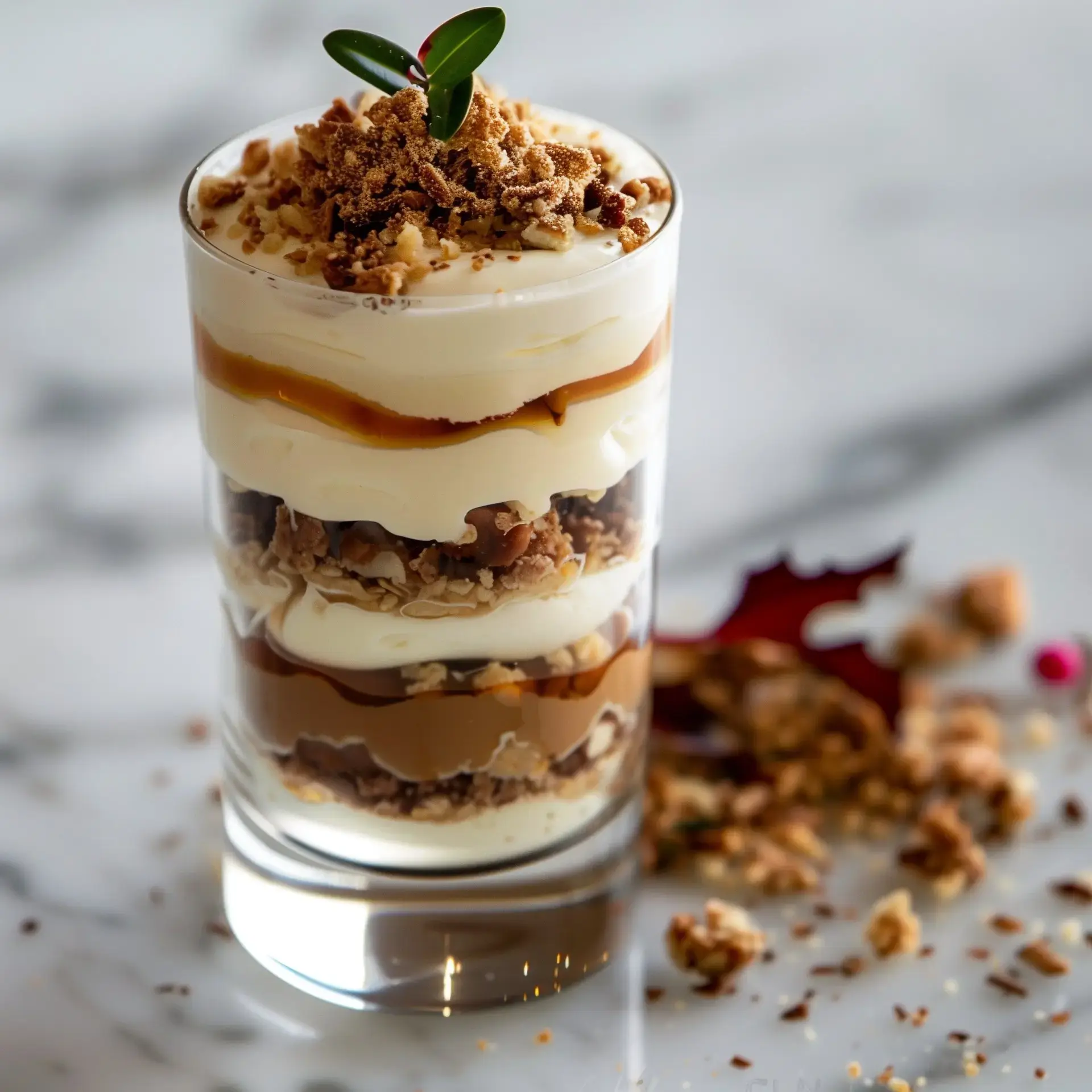 Un dessert en verrine avec des couches appétissantes de crème, de caramel, et une finition croquante, joliment garni d'une herbe décorative.