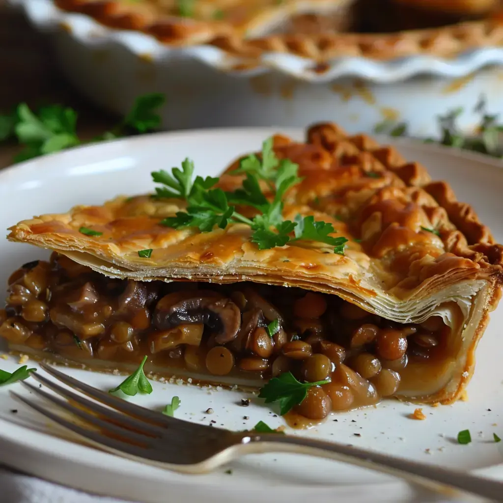 Une délicieuse part de tourte végétarienne avec champignons et lentilles dorée, posée élégamment sur une assiette blanche avec un brin de persil.