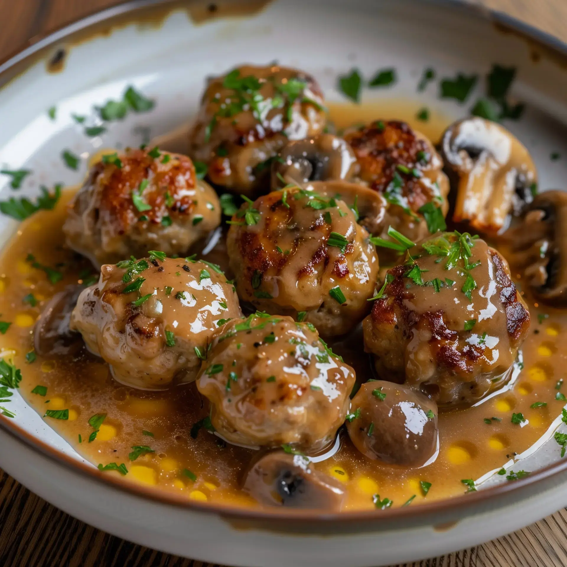 Petites boulettes dorées nappées d'une sauce crémeuse aux champignons, parsemées de persil frais.