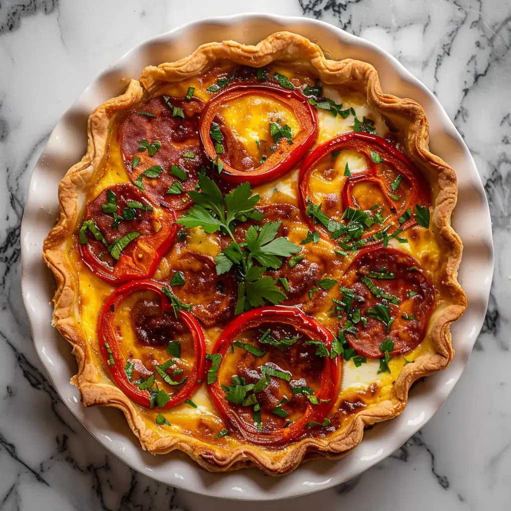 Plat de quiche aux légumes et chorizo