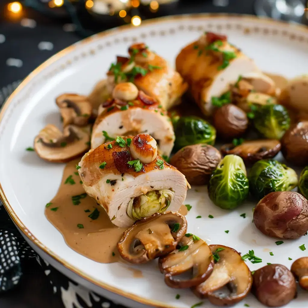 Un plat appétissant de roulades de poulet garnies, accompagnées de champignons, pommes de terre et choux de Bruxelles, dans une sauce crémeuse.