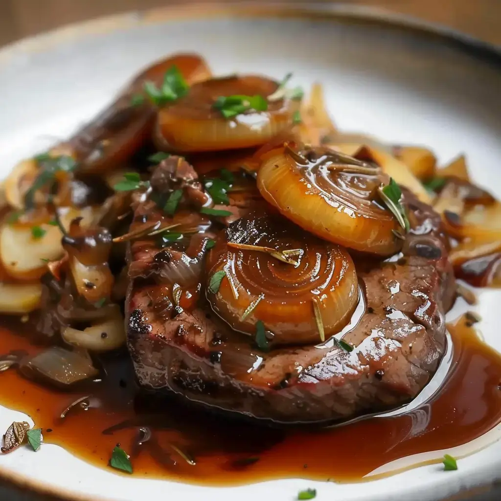 Un délicieux plat de bœuf bien tendre accompagné d'oignons cuits à la perfection et servi généreusement.