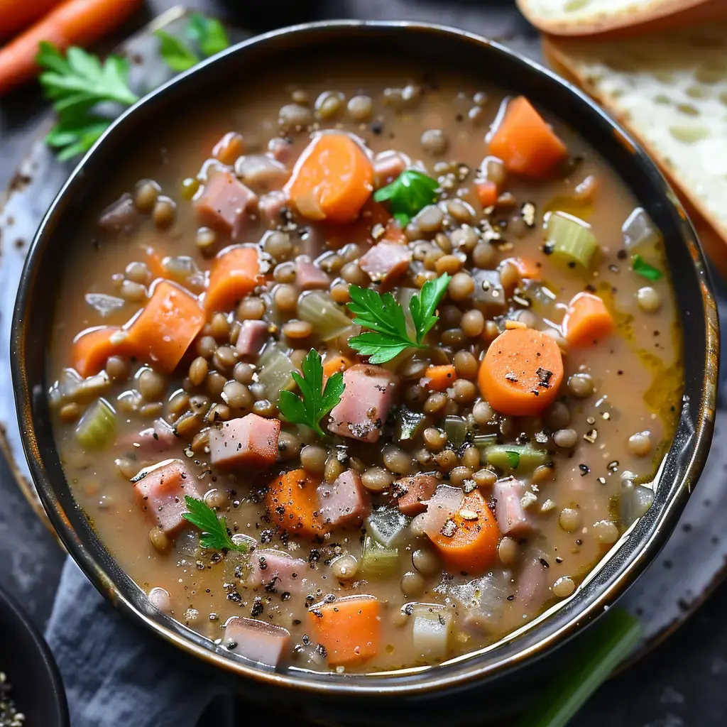 Bol rempli de soupe aux lentilles, accompagné de légumes colorés et de morceaux de jambon, servi avec une tranche de pain.