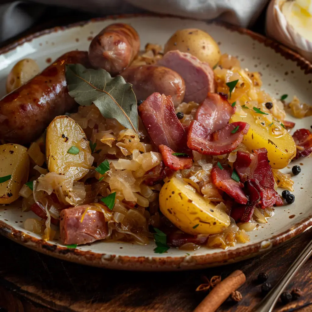 Une choucroute généreuse avec saucisses, lard, pommes de terre et feuilles de laurier.