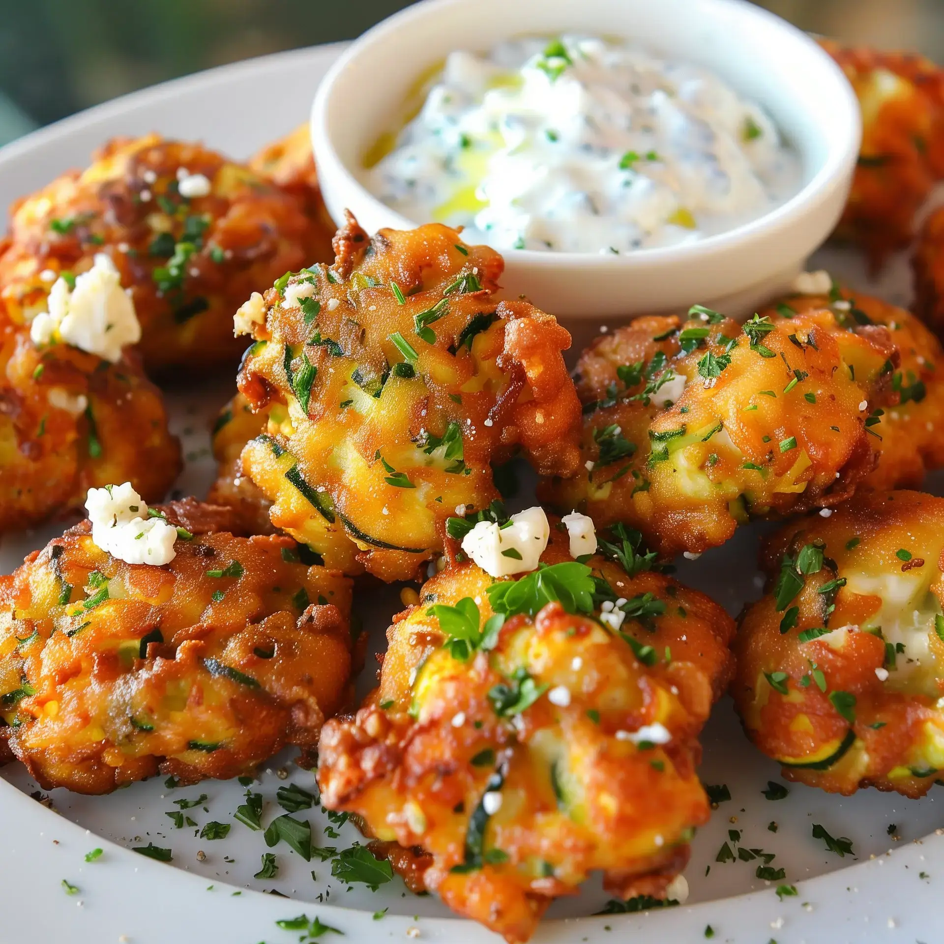 Beignets dorés préparés avec des courgettes, garnis de feta et servis avec une sauce crémeuse.