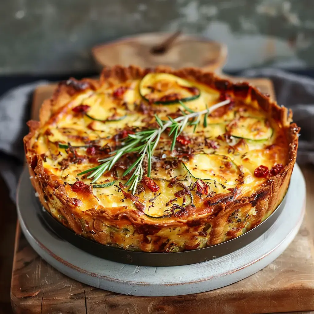 Une tarte salée maison avec des légumes, garnie de branches de romarin et de tomates séchées, présentée sur un plateau rustique.