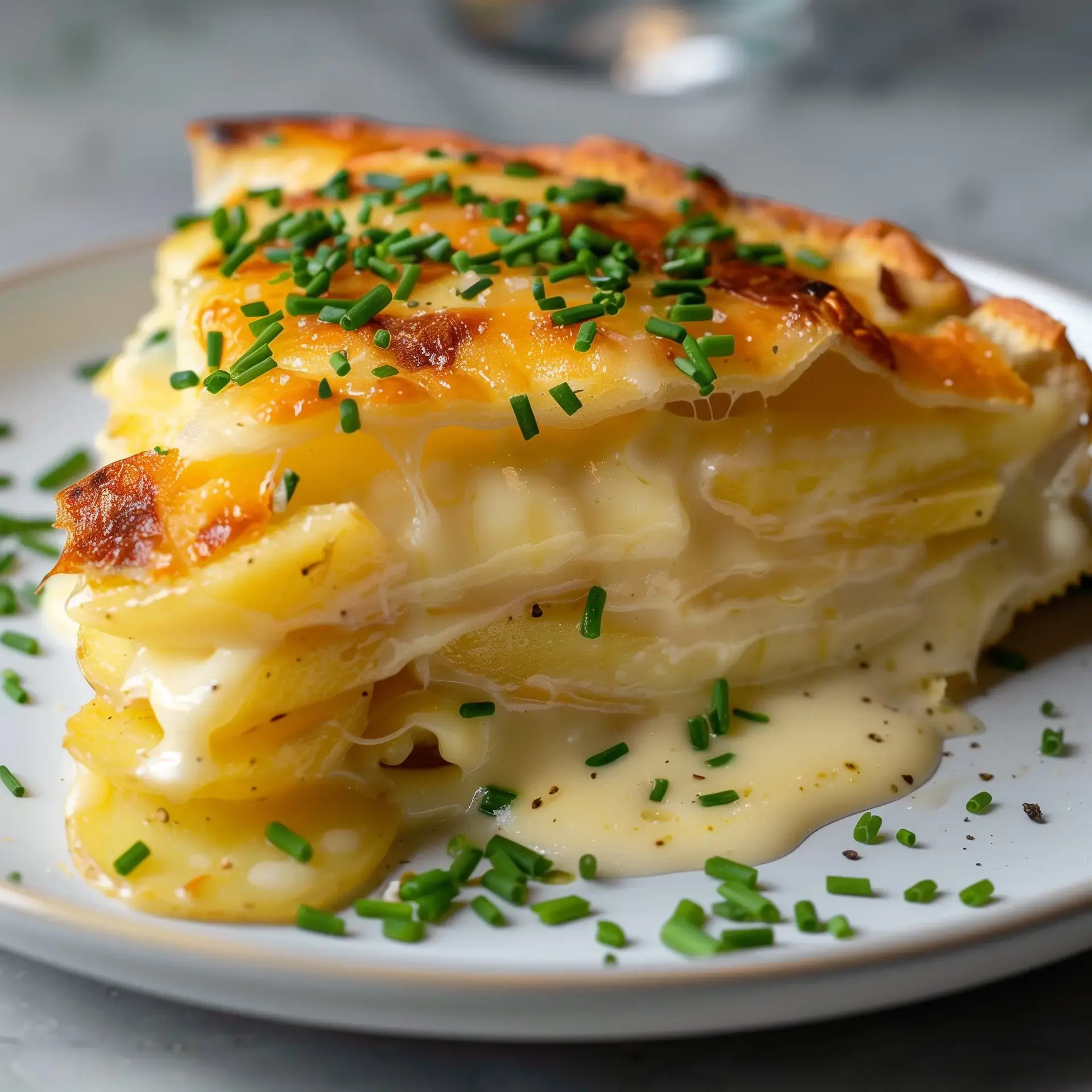 Une belle portion de gratin de pommes de terre doré, accompagnée de fromage fondu et parsemée de ciboulette.