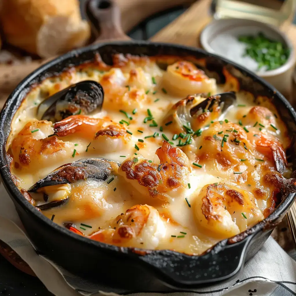 Un plat gourmand de fruits de mer gratinés, avec crevettes et moules, présenté dans un plat en fonte avec une touche de verdure.