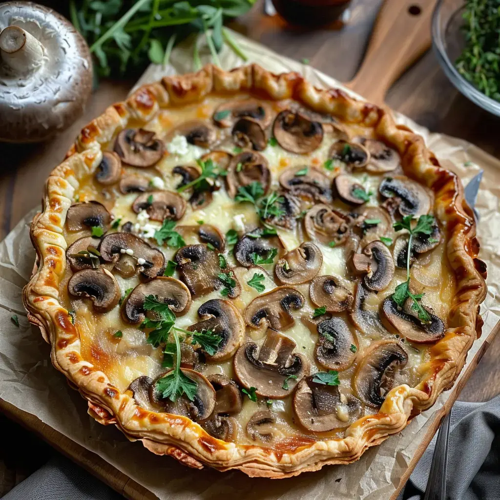 Tarte croustillante avec des morceaux de champignons et du persil frais sur une planche en bois.