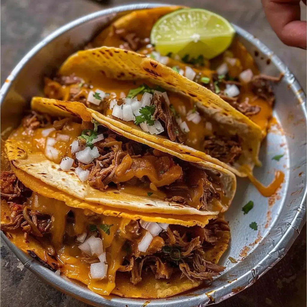 Une assiette de tacos avec une garniture de viande tendre, fromage fondu, morceaux d’oignons frais et une lime.