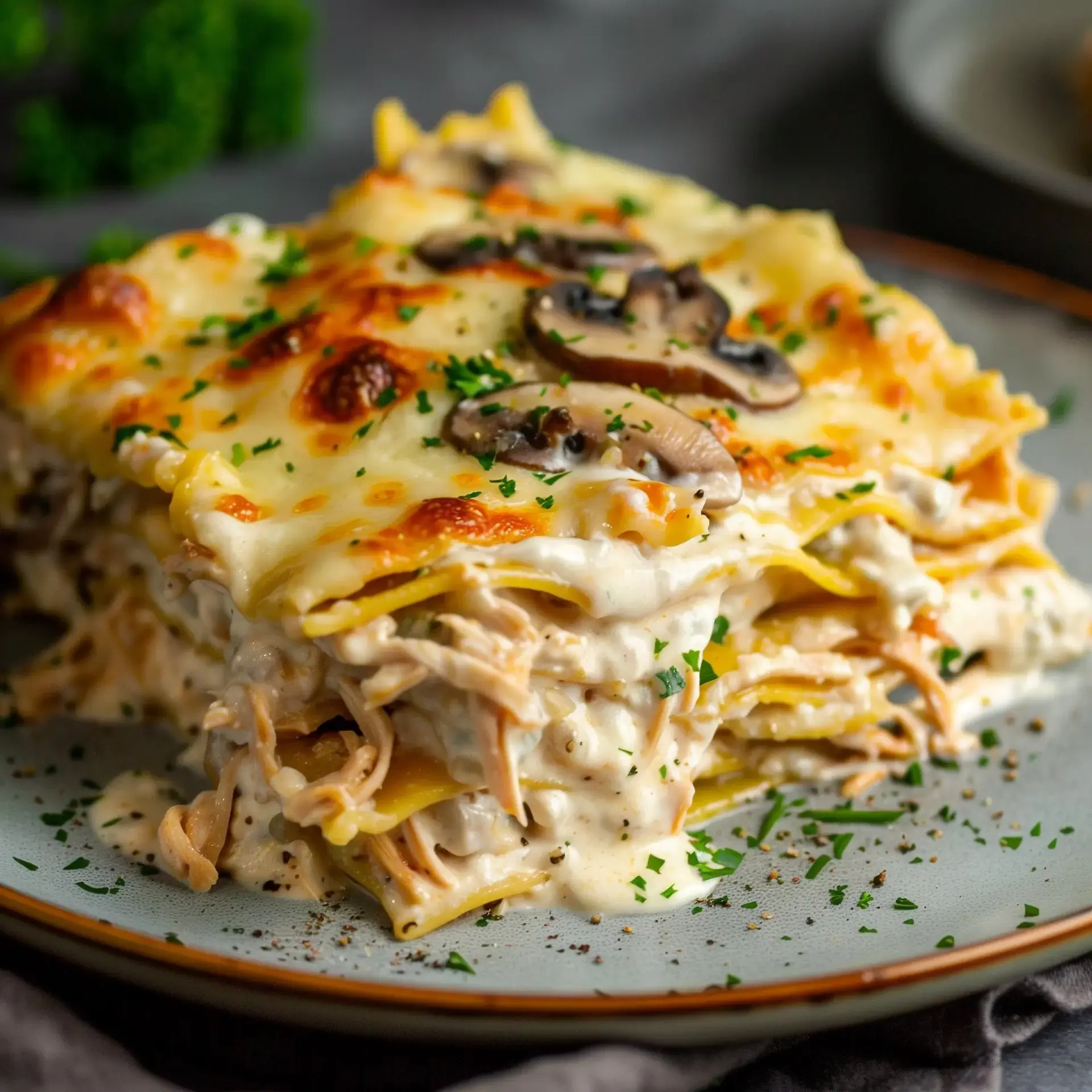 Plat de lasagnes au poulet gratinées et dorées, décoré avec du persil frais.