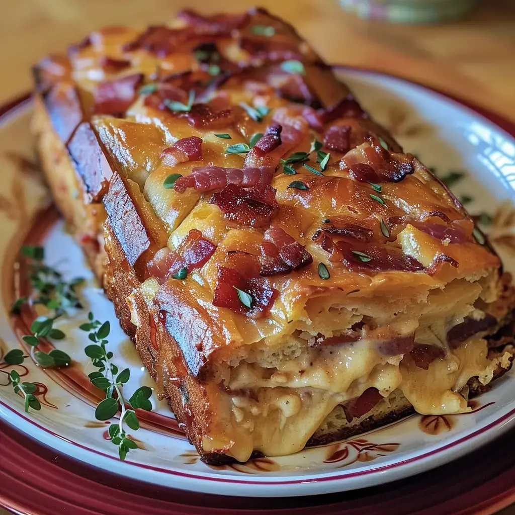 Une assiette garnie de pain gourmand avec du fromage fondant et des lardons grillés, servie avec de fines herbes.