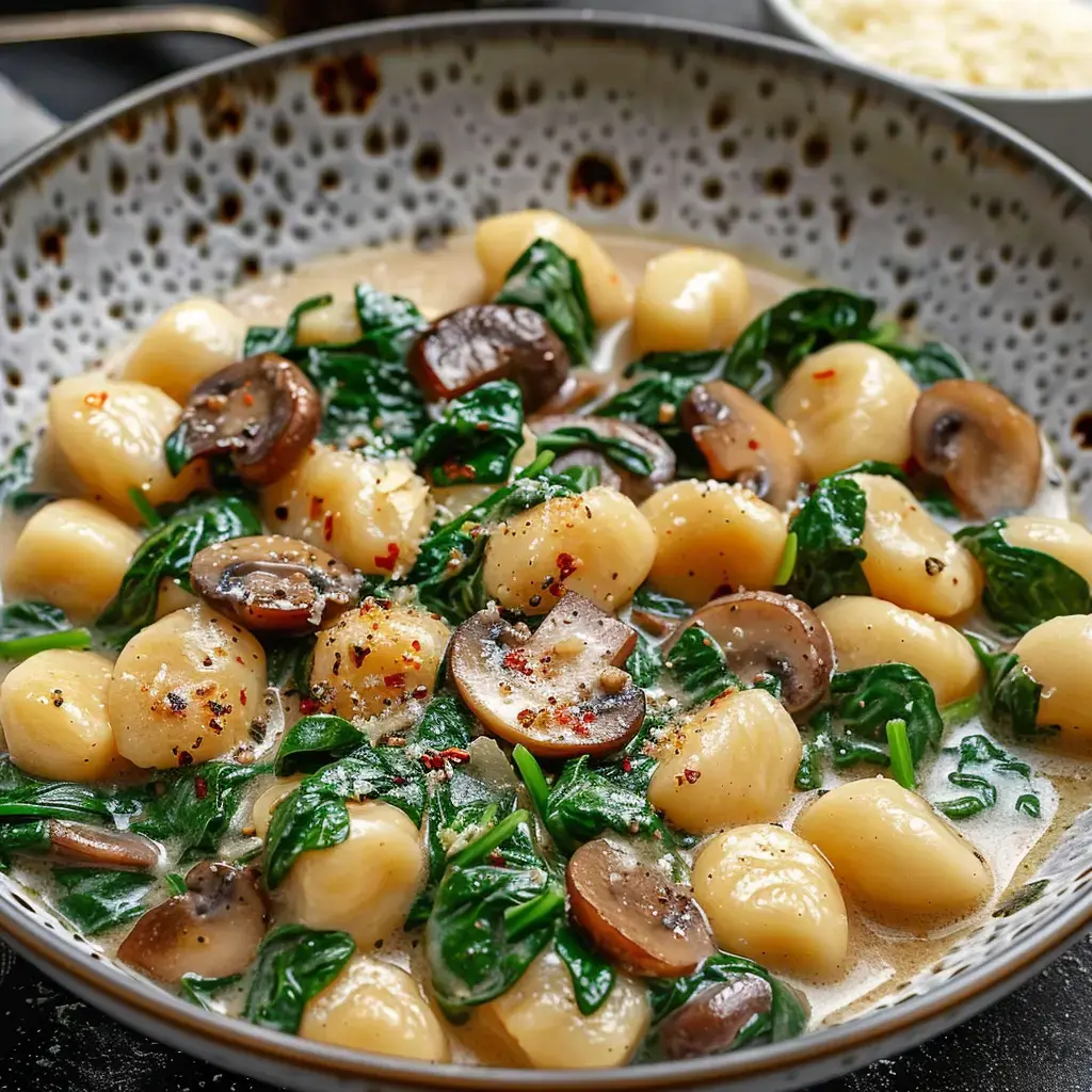 Un délicieux plat de gnocchis avec une sauce crémeuse garnie d'épinards et champignons, saupoudré de piment rouge.