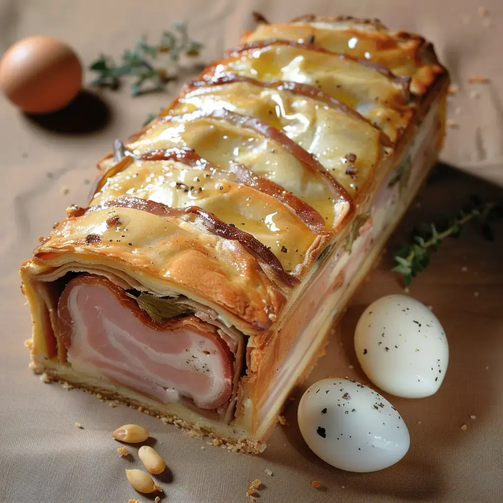 Un pâté feuilleté bien doré, entouré de rondelles de jambon, œufs durs et pignons, le tout présenté sur une nappe beige.