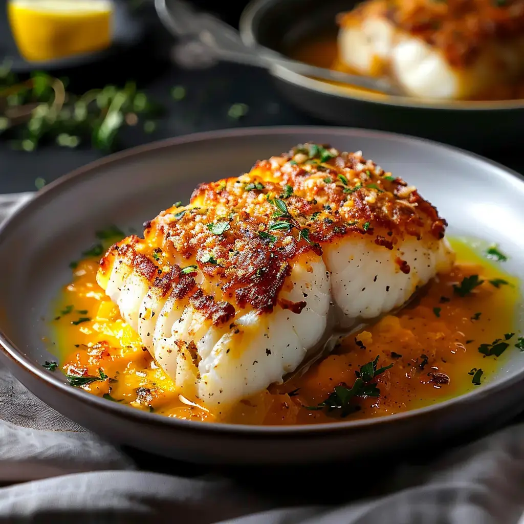 Un délicieux filet de cabillaud accompagné d'une sauce crème et ail, garni d'herbes fraîches.