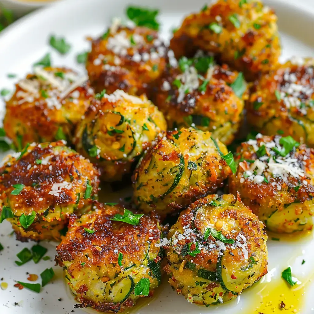 Boulettes dorées et croustillantes aux courgettes sur une jolie assiette.