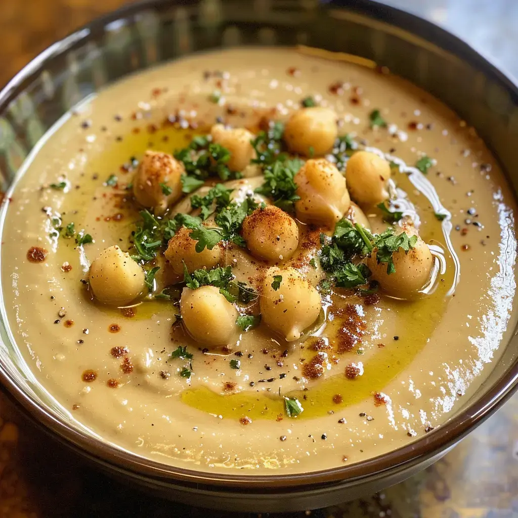 Petit bol avec crème de pois chiches et châtaignes, garni de quelques pois chiches entiers, une touche d'huile d'olive, et de la coriandre fraîche.