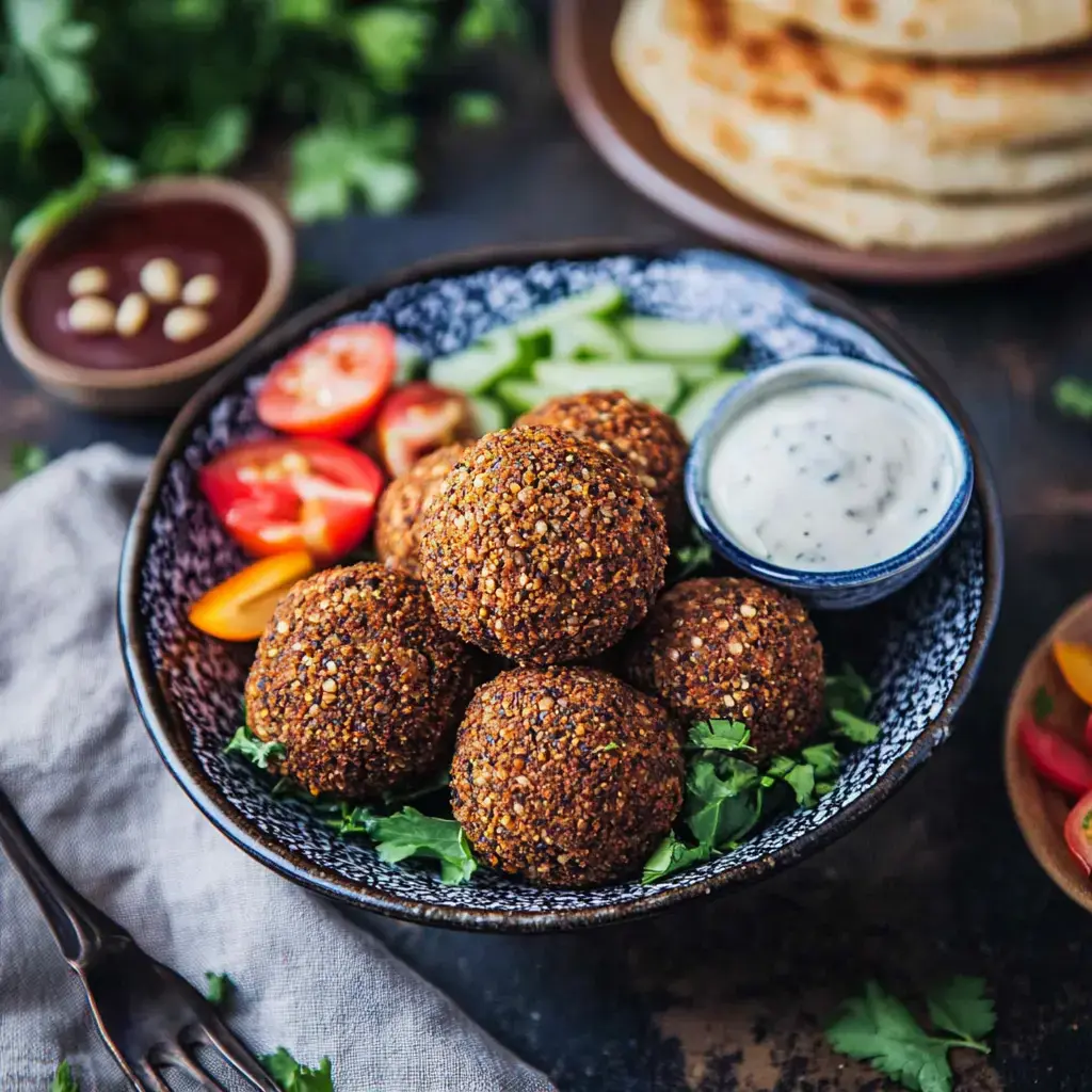 Des falafels croquants servis avec des crudités et sauces d'accompagnement.