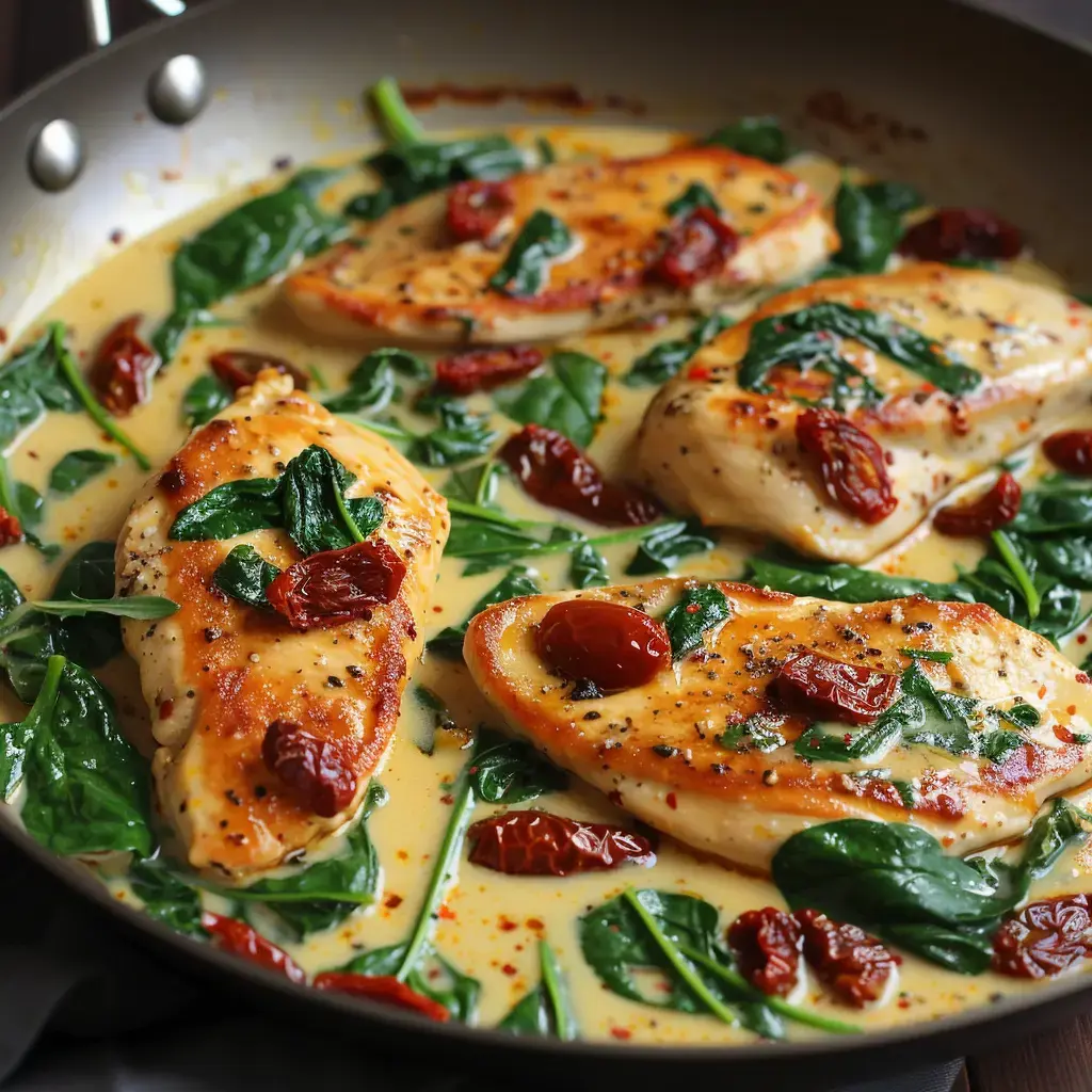 Plat de poulet mijoté avec une sauce crémeuse, des tomates séchées et des épinards frais.