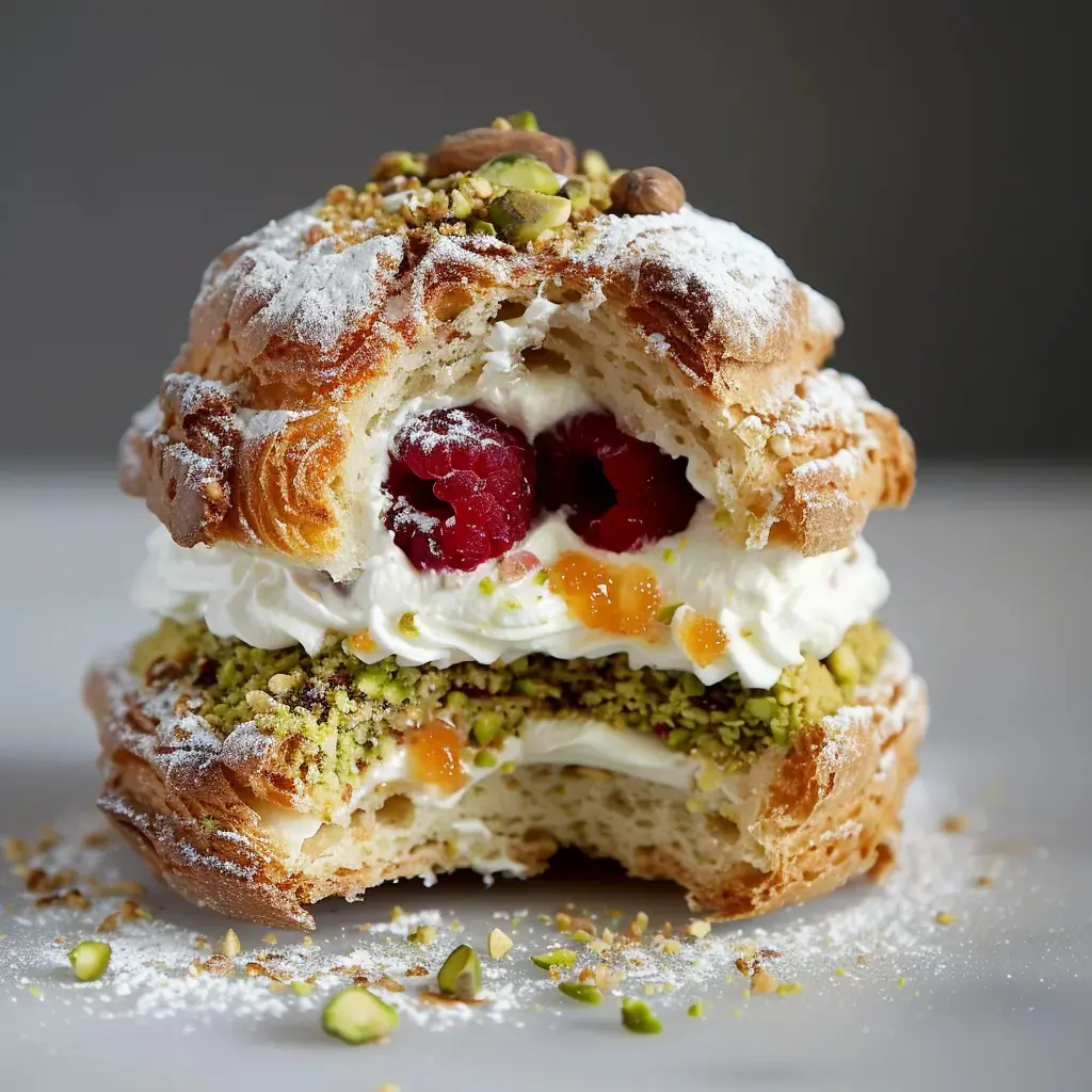 Un chou garni de crème à la fleur d'oranger, de framboises fraîches et de pistaches, finement saupoudré de sucre glace.