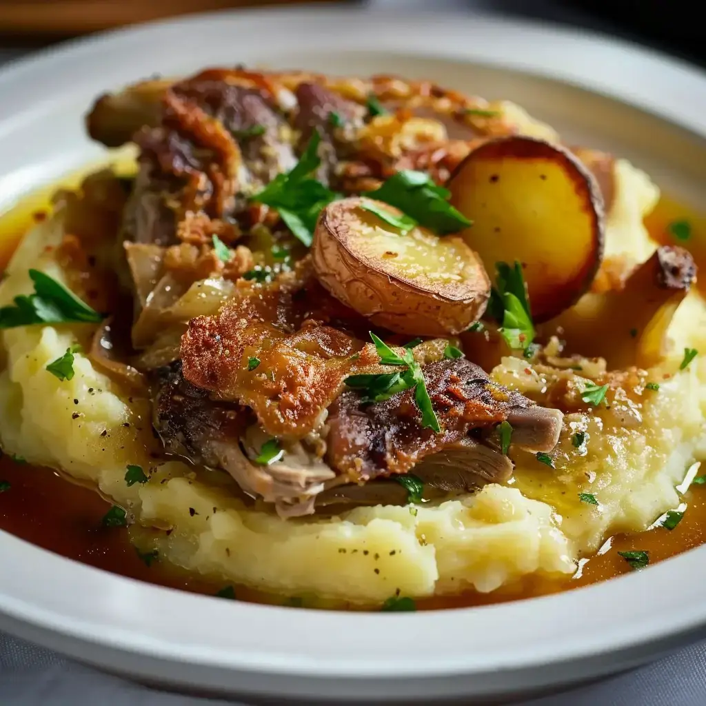 Un délicieux plat de parmentier au confit de canard, accompagné de pommes de terre en purée et décoré de persil frais.