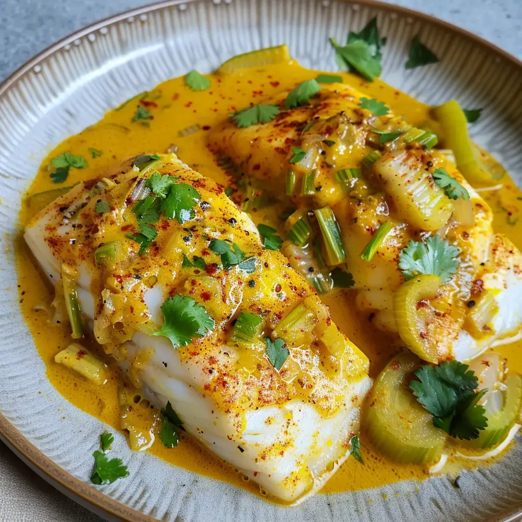 Filets de cabillaud cuisinés dans une sauce épicée jaune, avec des herbes fraîches et un peu de céleri.