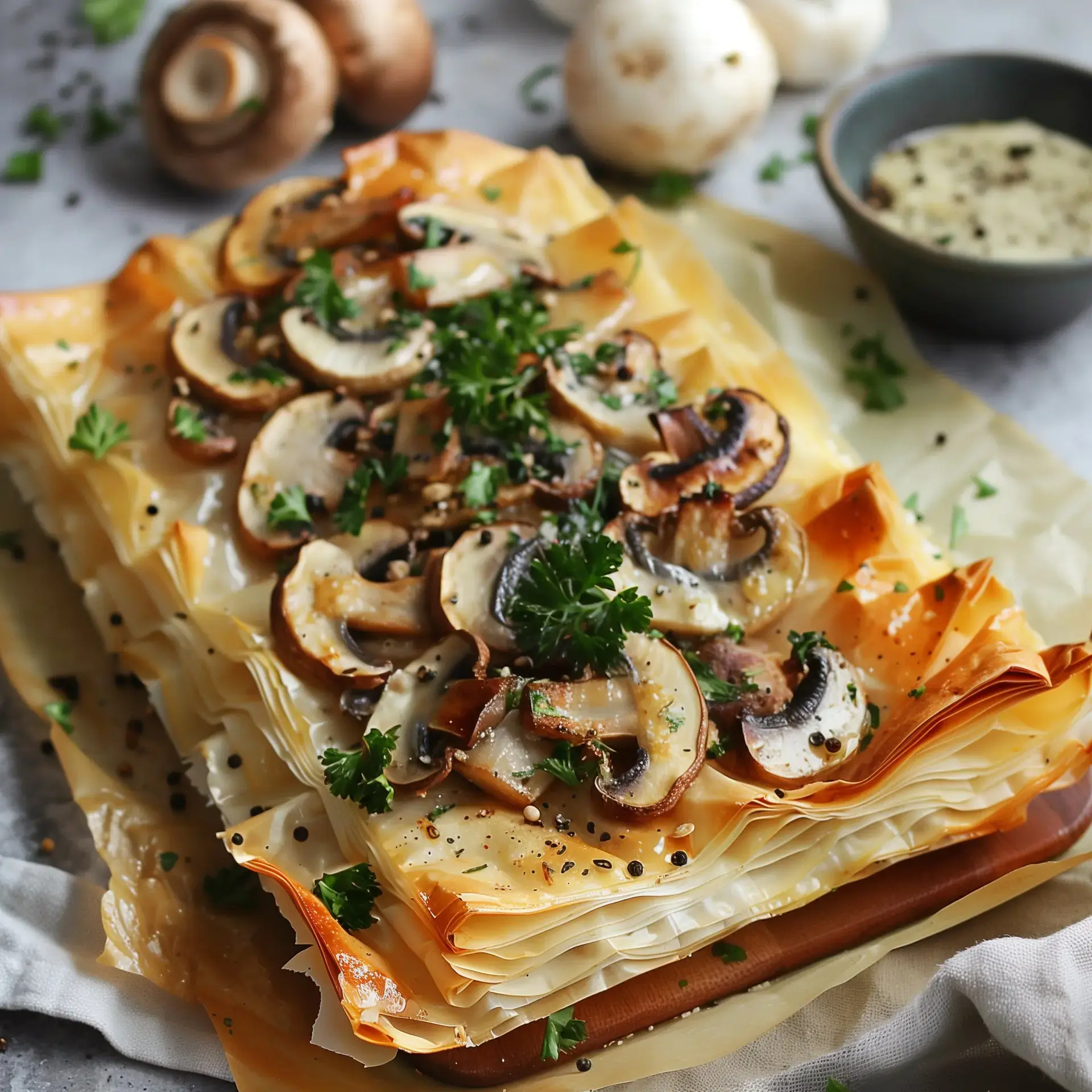 Un feuilleté fait avec une base de pâte filo, garni de champignons sautés et d'une touche de persil, avec une sauce à côté.