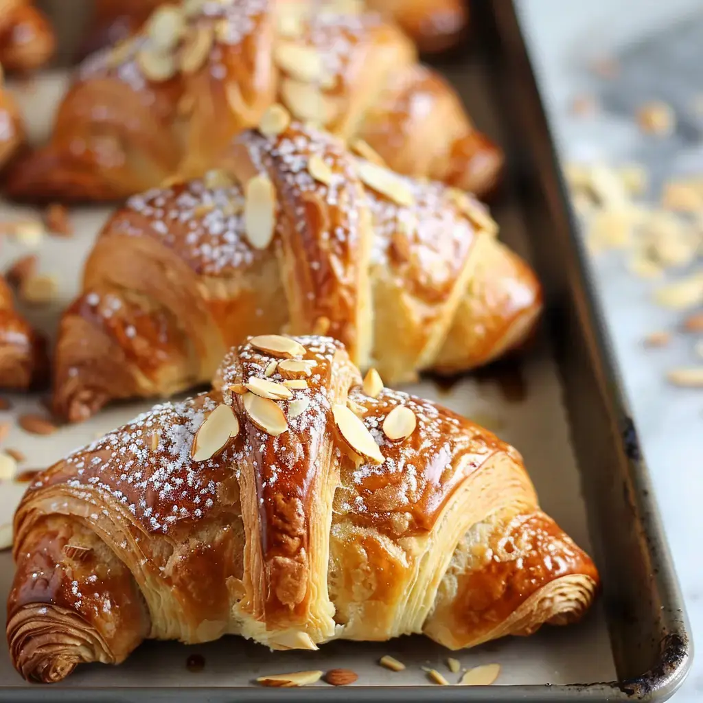 Trois croissants gourmands ornés d'amandes et d'un voile de sucre s'étalent sur une plaque à pâtisserie.