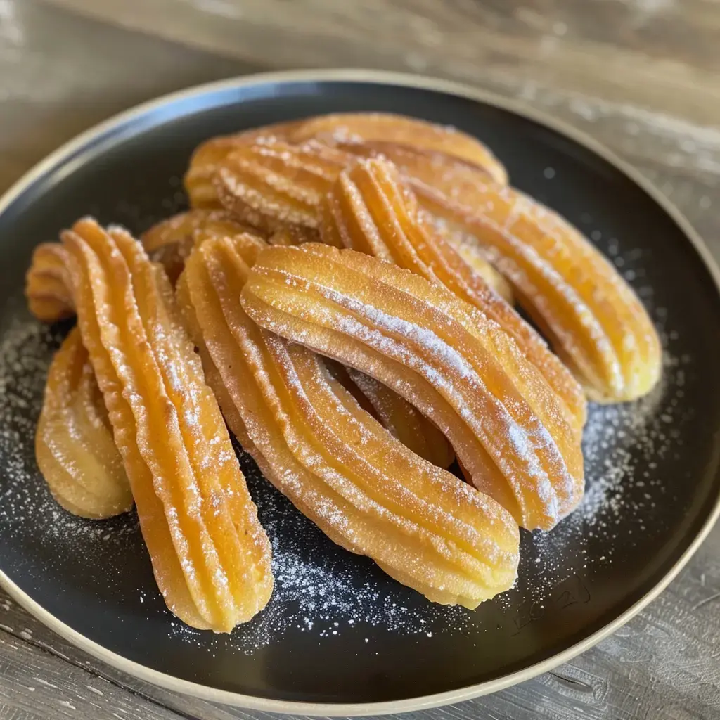 Un plat noir garni de churros dorés nappés de sucre en poudre.